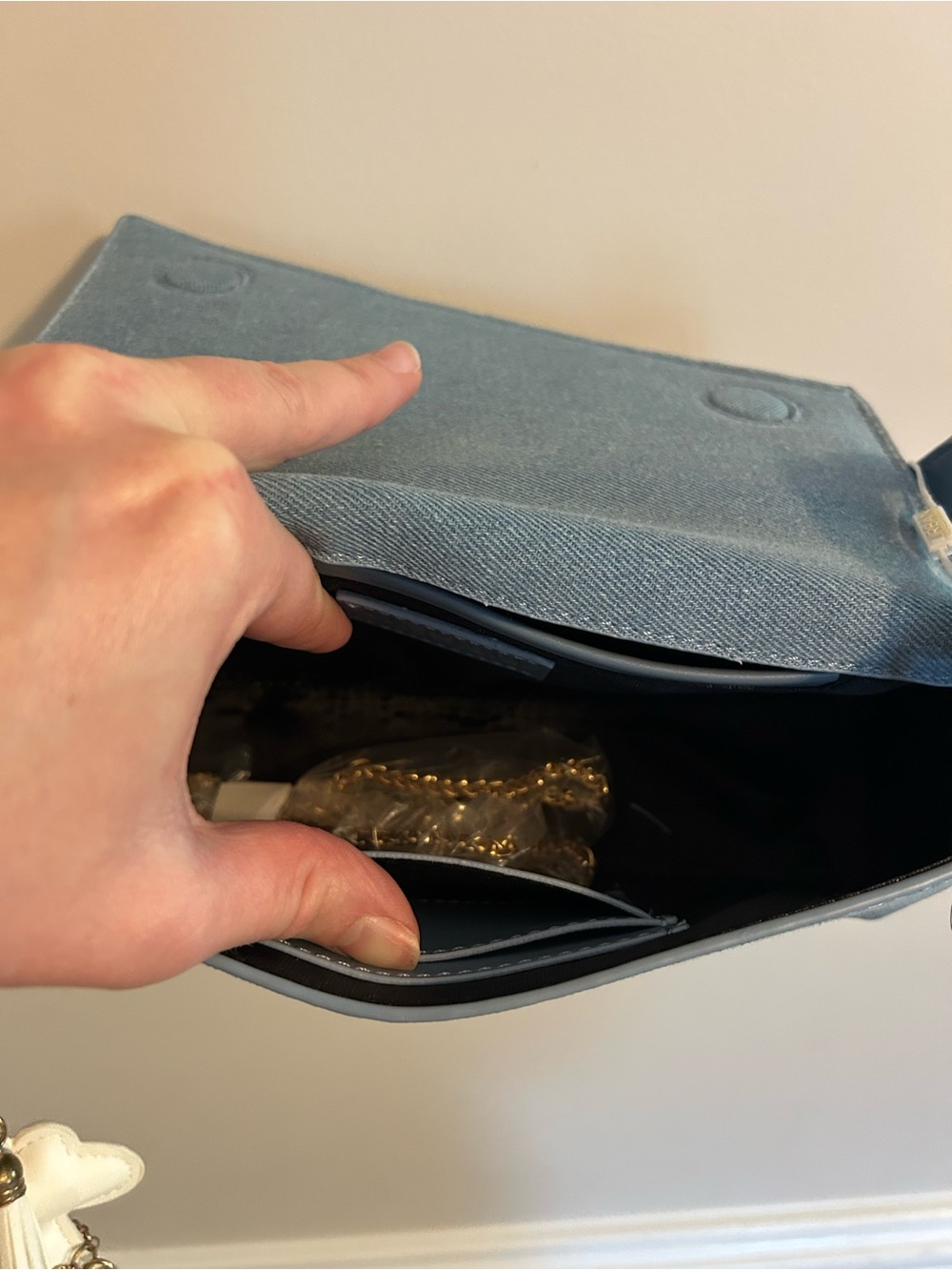 Blue Denim Shoulder Bag with Decorative Charm - Picture 5 of 6